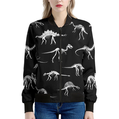 Black And White Dinosaur Fossil Print Women's Bomber Jacket
