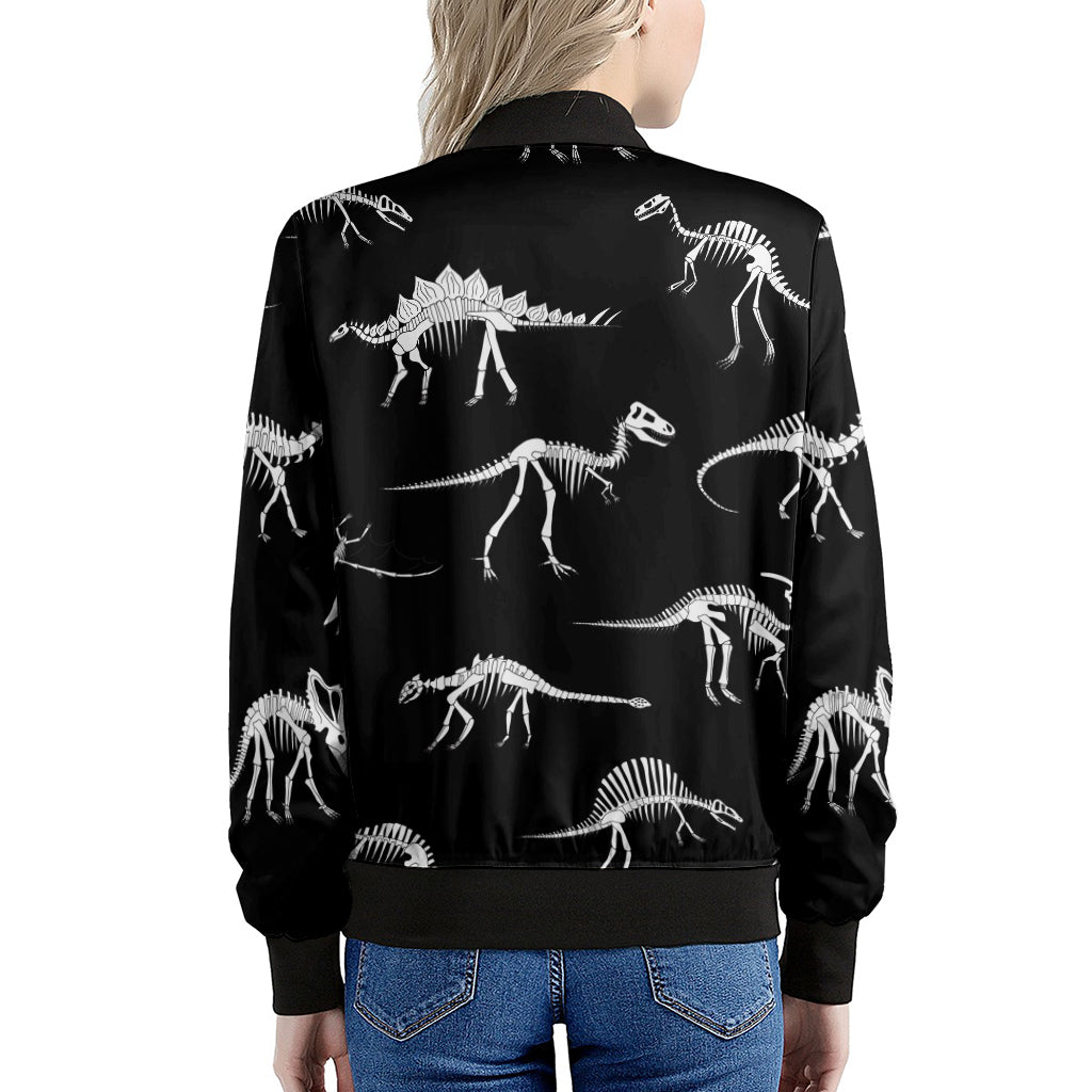 Black And White Dinosaur Fossil Print Women's Bomber Jacket