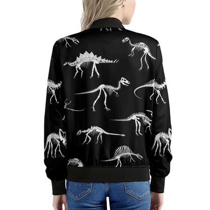 Black And White Dinosaur Fossil Print Women's Bomber Jacket
