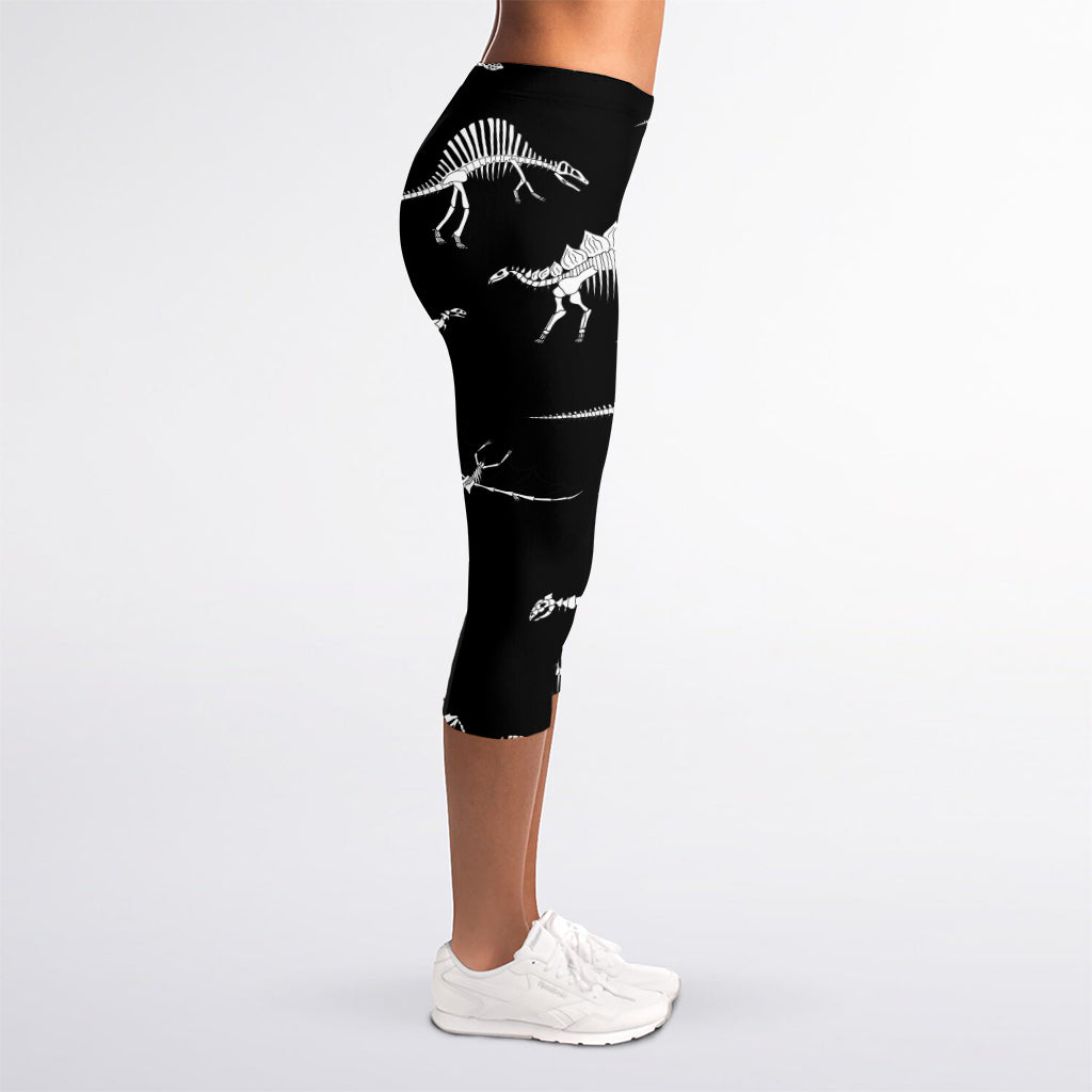 Black And White Dinosaur Fossil Print Women's Capri Leggings