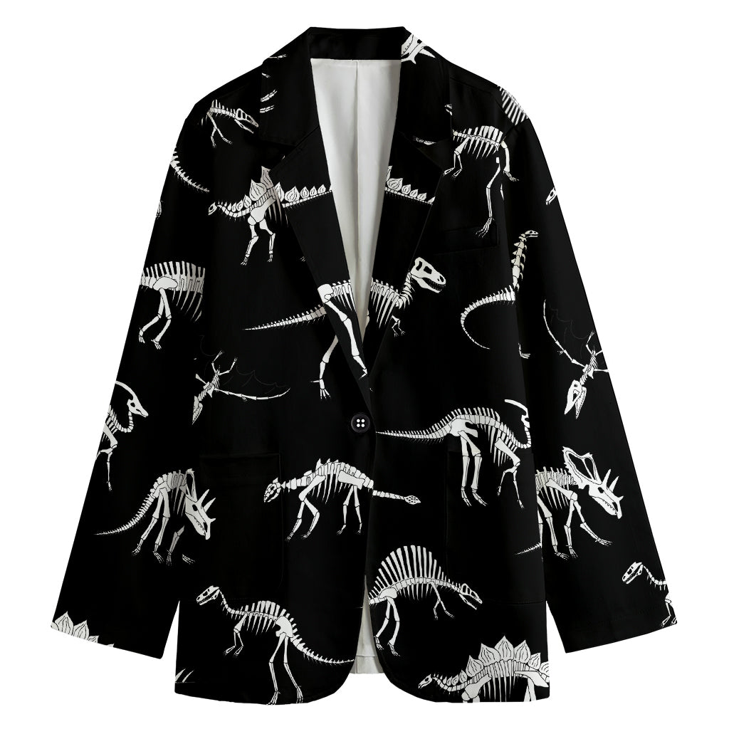 Black And White Dinosaur Fossil Print Women's Cotton Blazer