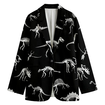 Black And White Dinosaur Fossil Print Women's Cotton Blazer
