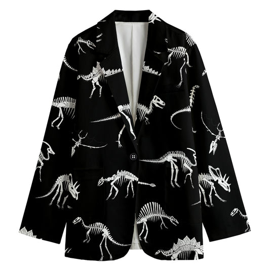 Black And White Dinosaur Fossil Print Women's Cotton Blazer