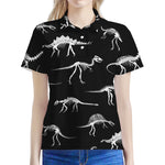 Black And White Dinosaur Fossil Print Women's Polo Shirt