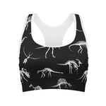 Black And White Dinosaur Fossil Print Women's Sports Bra
