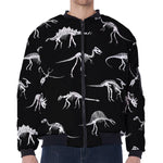 Black And White Dinosaur Fossil Print Zip Sleeve Bomber Jacket