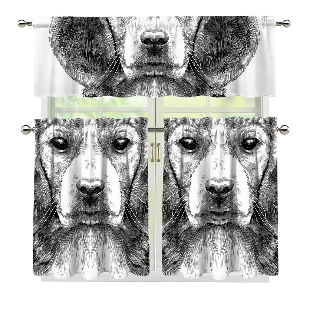 Black And White Drawing Beagle Print 3 Piece Kitchen Curtains