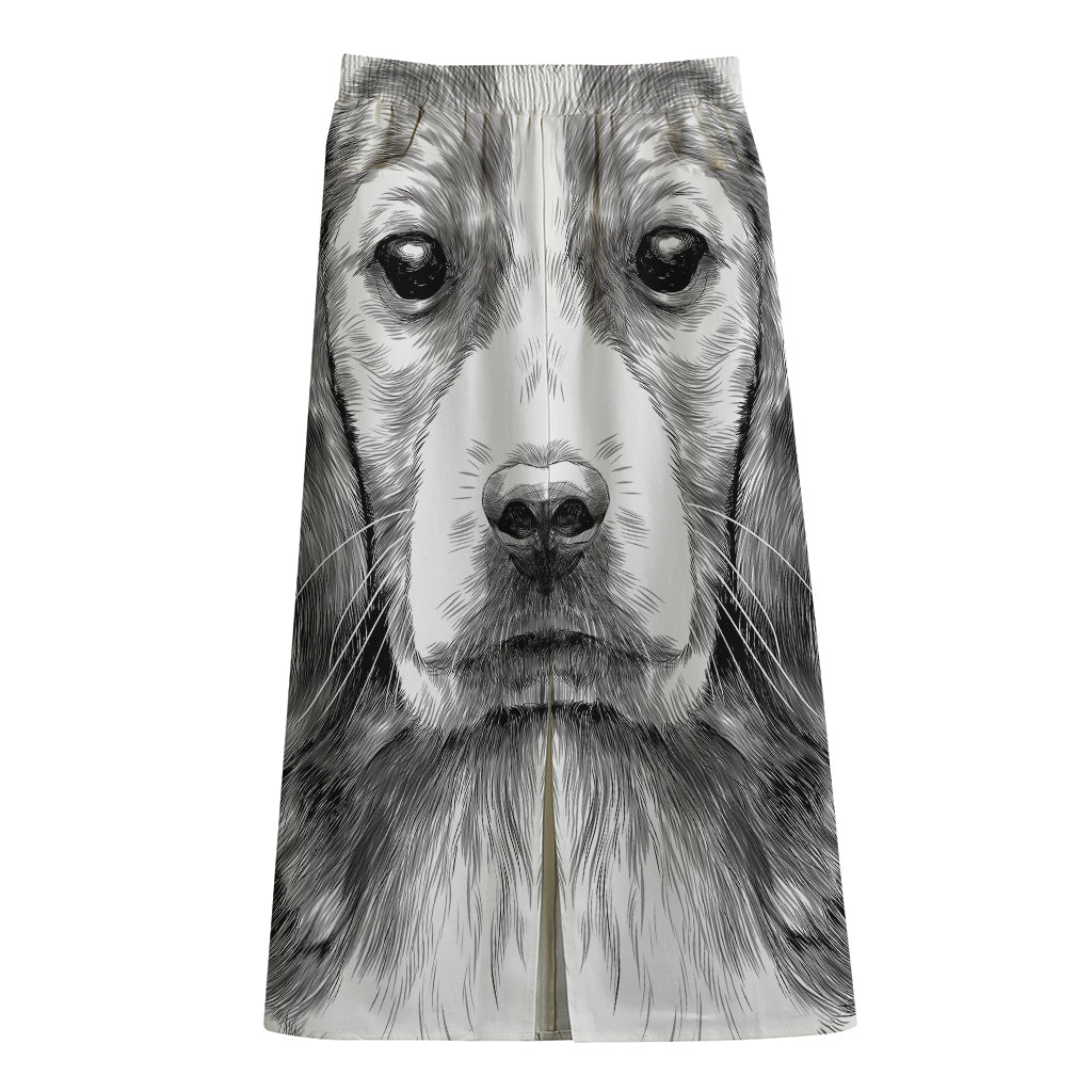 Black And White Drawing Beagle Print Cotton Front Slit Maxi Skirt