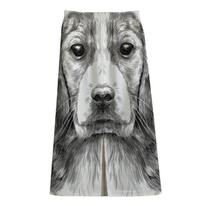 Black And White Drawing Beagle Print Cotton Front Slit Maxi Skirt