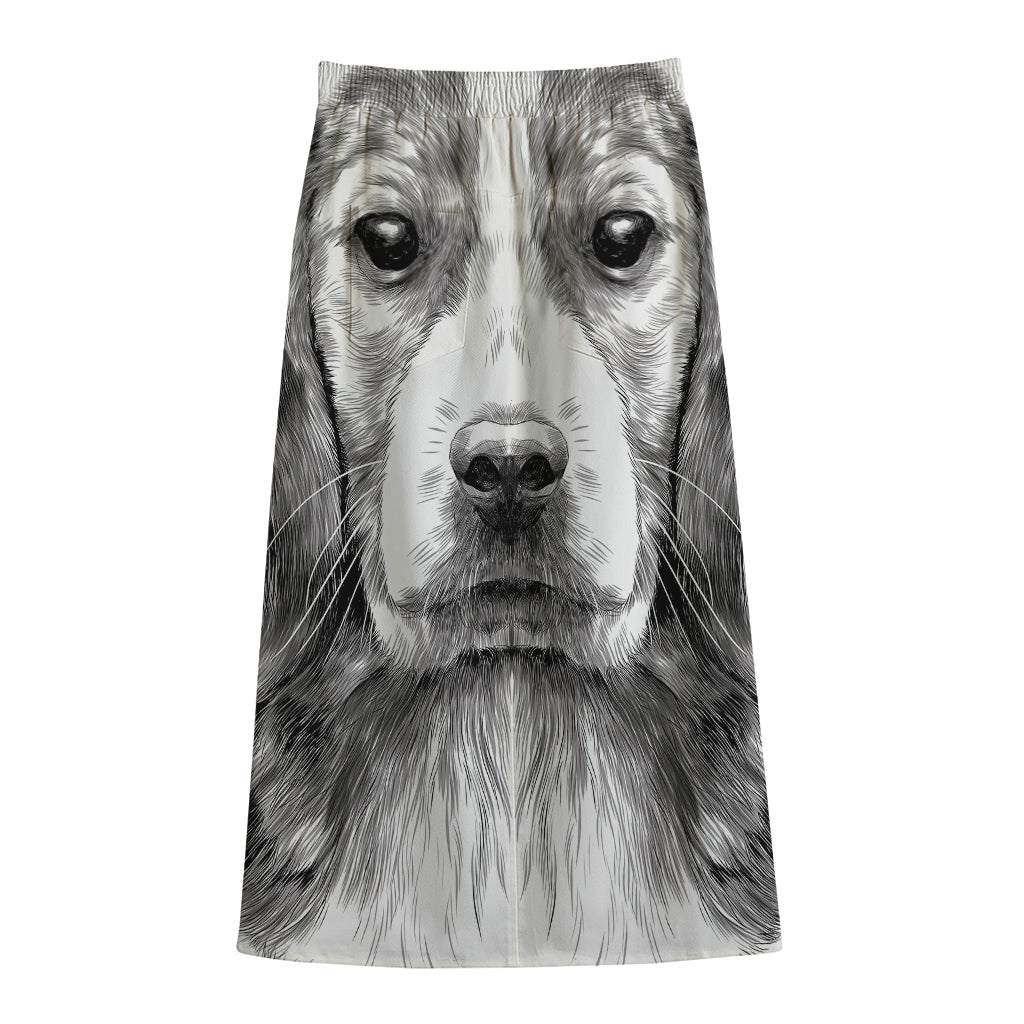 Black And White Drawing Beagle Print Cotton Front Slit Maxi Skirt