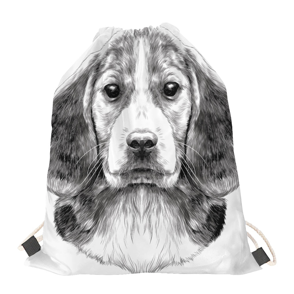 Black And White Drawing Beagle Print Drawstring Bag