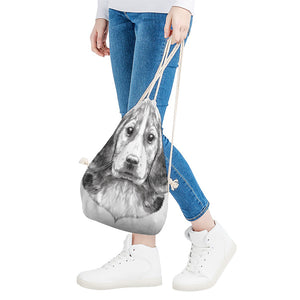 Black And White Drawing Beagle Print Drawstring Bag