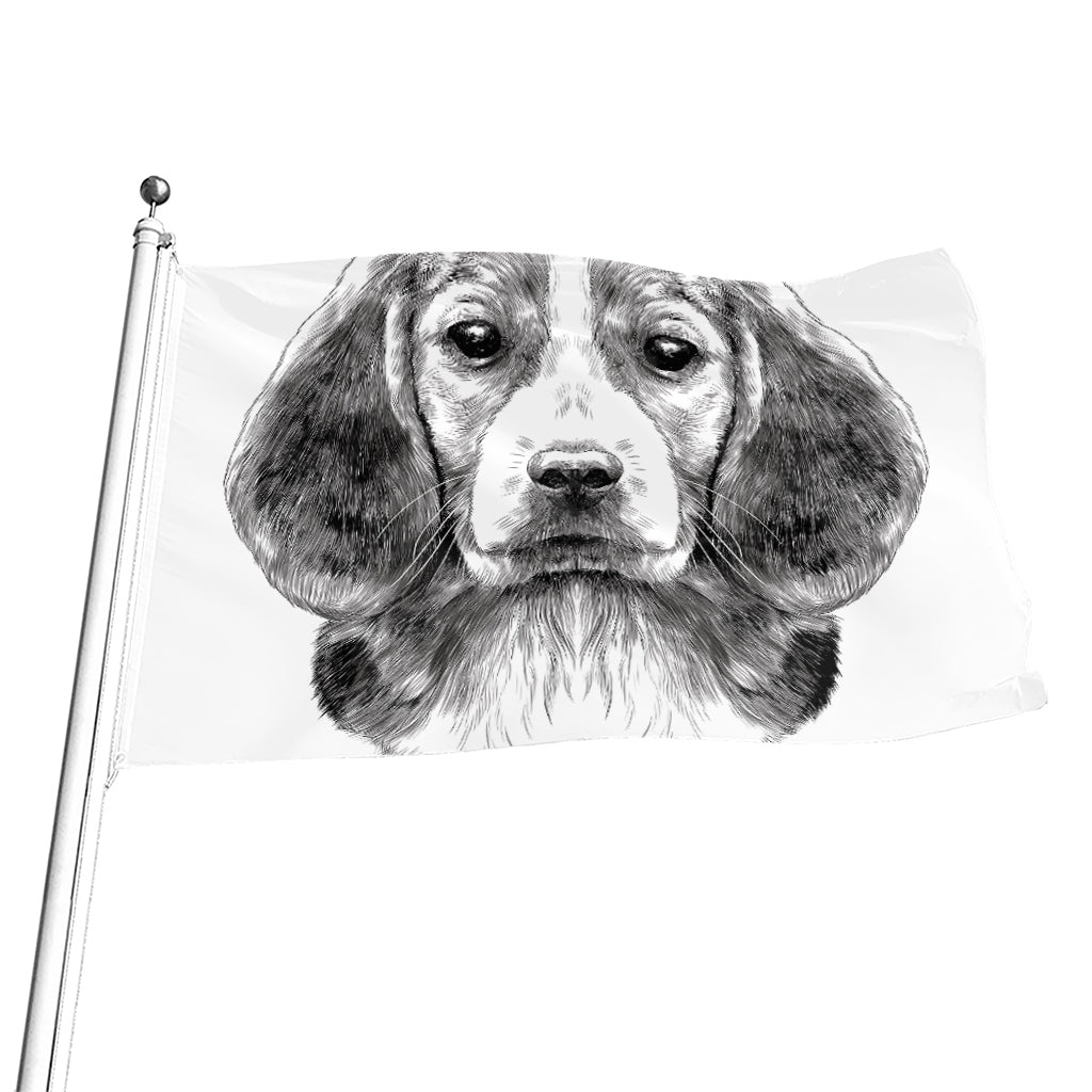 Black And White Drawing Beagle Print Flag