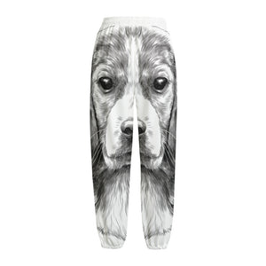 Black And White Drawing Beagle Print Fleece Lined Knit Pants