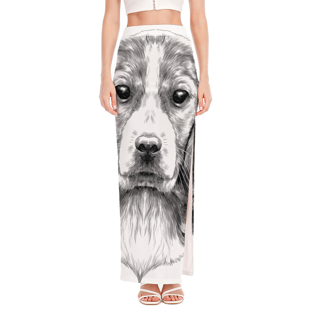 Black And White Drawing Beagle Print High Slit Maxi Skirt