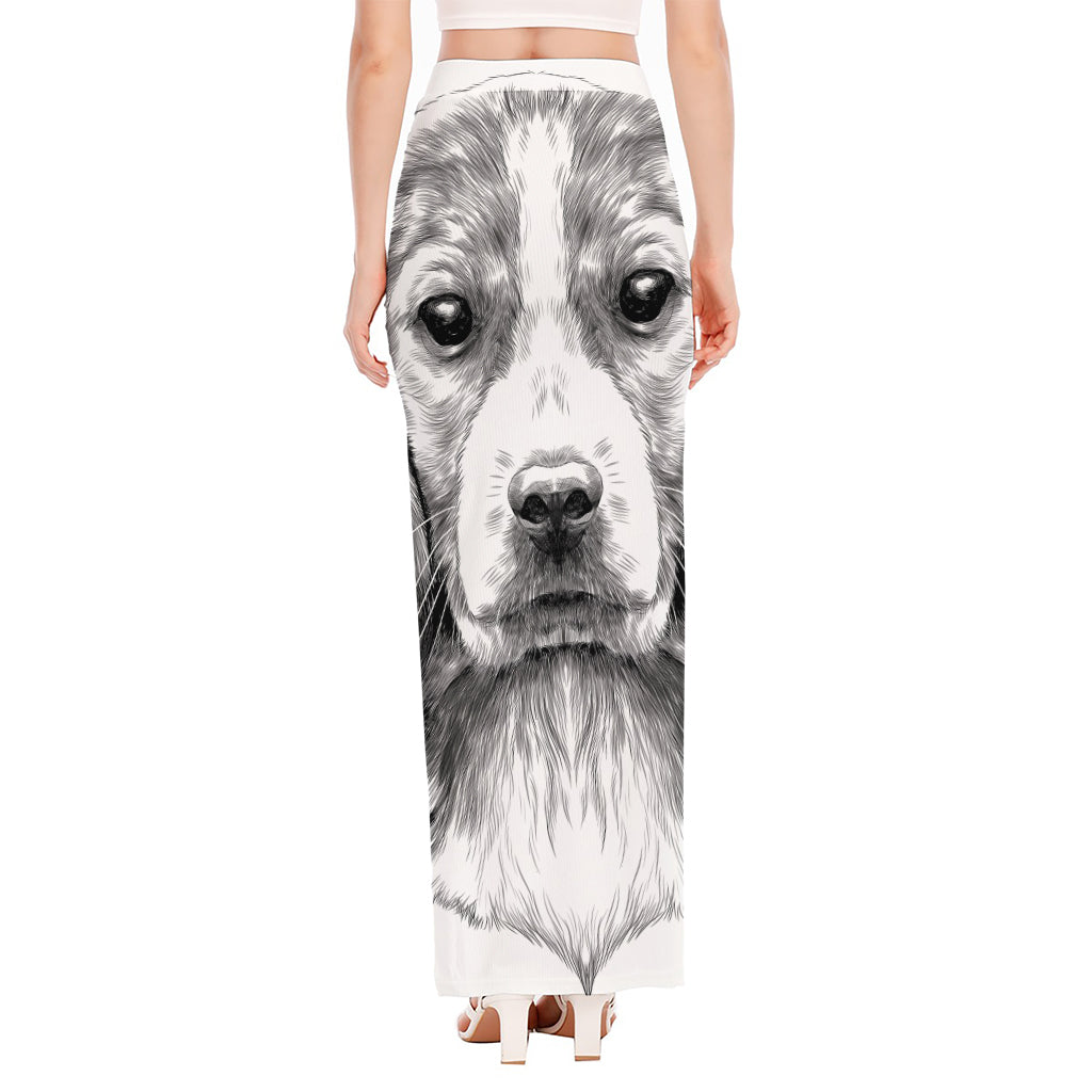 Black And White Drawing Beagle Print High Slit Maxi Skirt