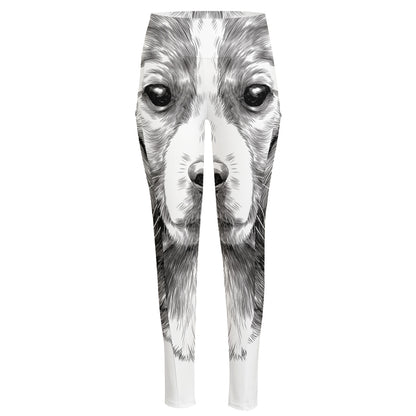 Black And White Drawing Beagle Print High-Waisted Pocket Leggings