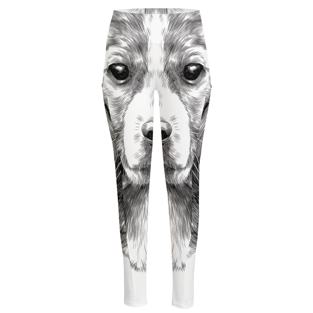 Black And White Drawing Beagle Print High-Waisted Pocket Leggings