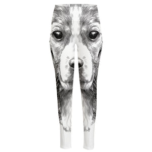 Black And White Drawing Beagle Print High-Waisted Pocket Leggings