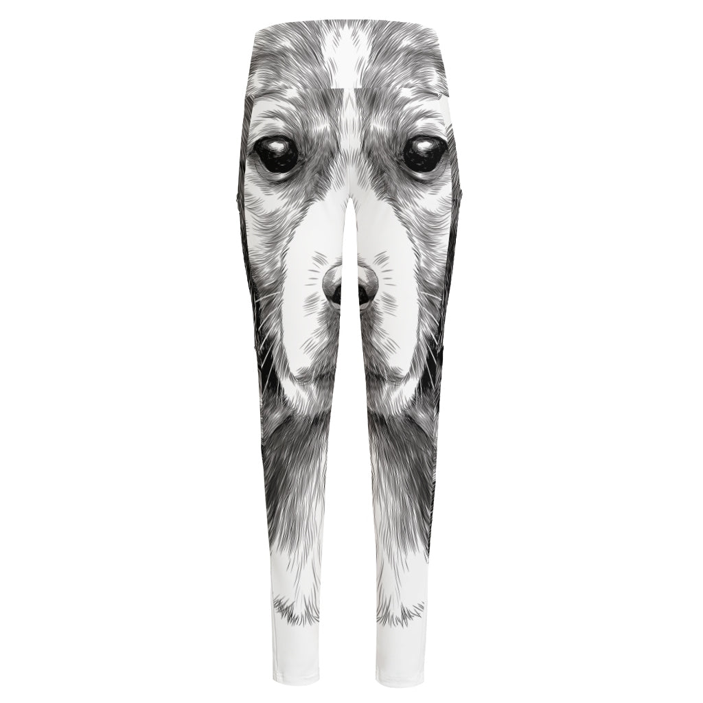 Black And White Drawing Beagle Print High-Waisted Pocket Leggings