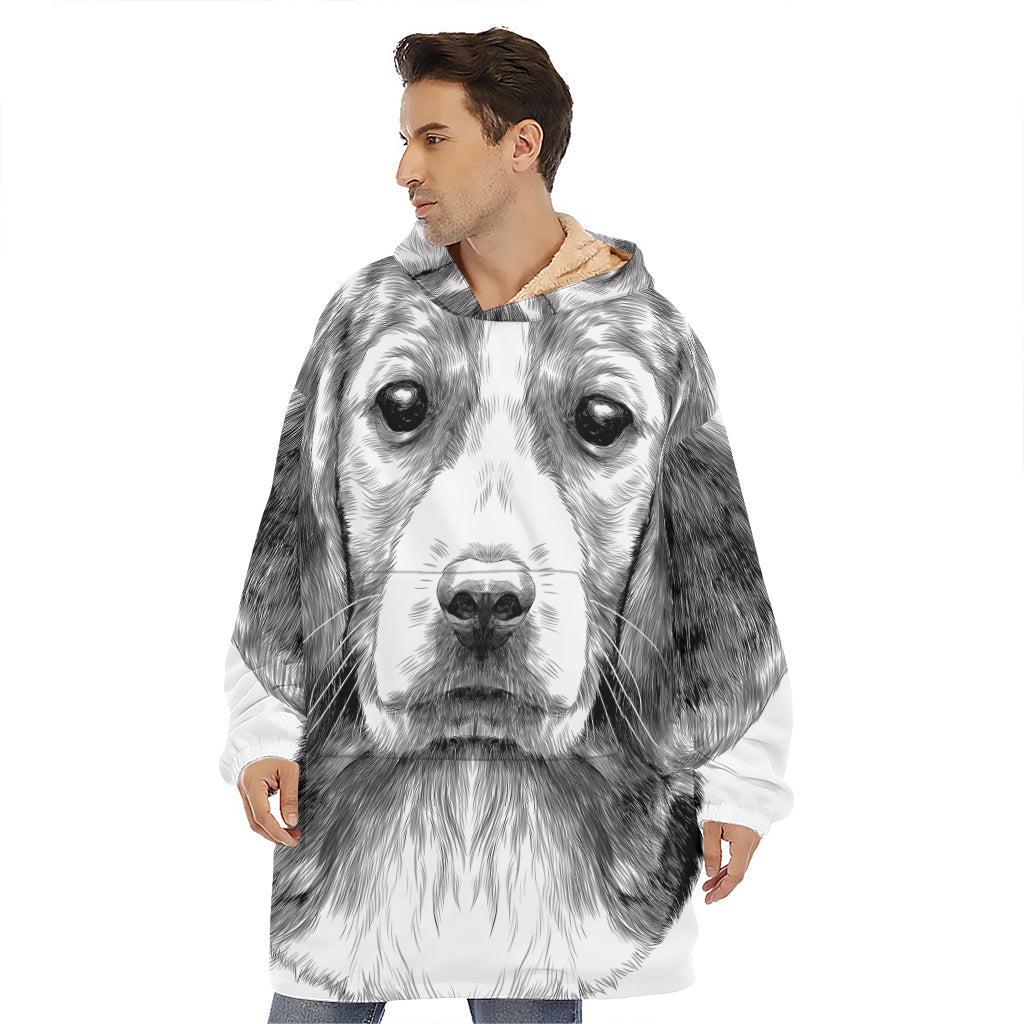 Black And White Drawing Beagle Print Hoodie Blanket