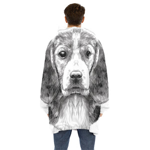 Black And White Drawing Beagle Print Hoodie Blanket