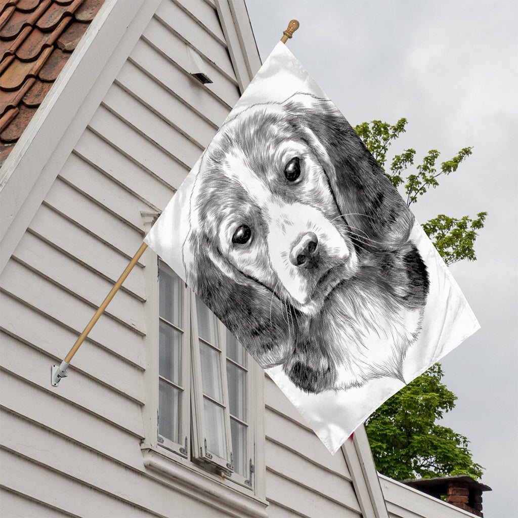 Black And White Drawing Beagle Print House Flag