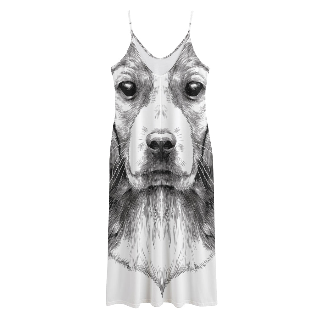 Black And White Drawing Beagle Print Jersey Midi Cami Dress