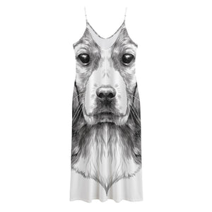 Black And White Drawing Beagle Print Jersey Midi Cami Dress