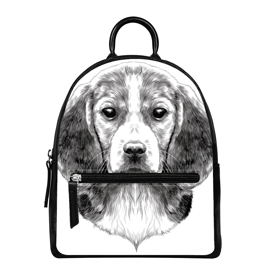 Black And White Drawing Beagle Print Leather Backpack