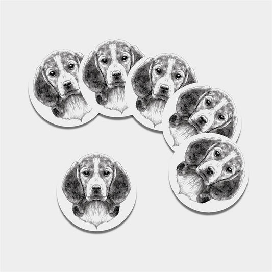 Black And White Drawing Beagle Print Leather Coaster Set
