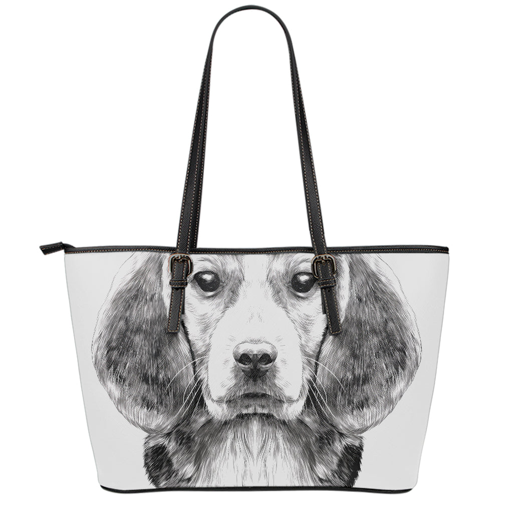 Black And White Drawing Beagle Print Leather Tote Bag