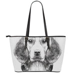 Black And White Drawing Beagle Print Leather Tote Bag