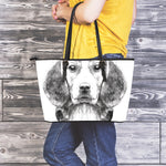 Black And White Drawing Beagle Print Leather Tote Bag