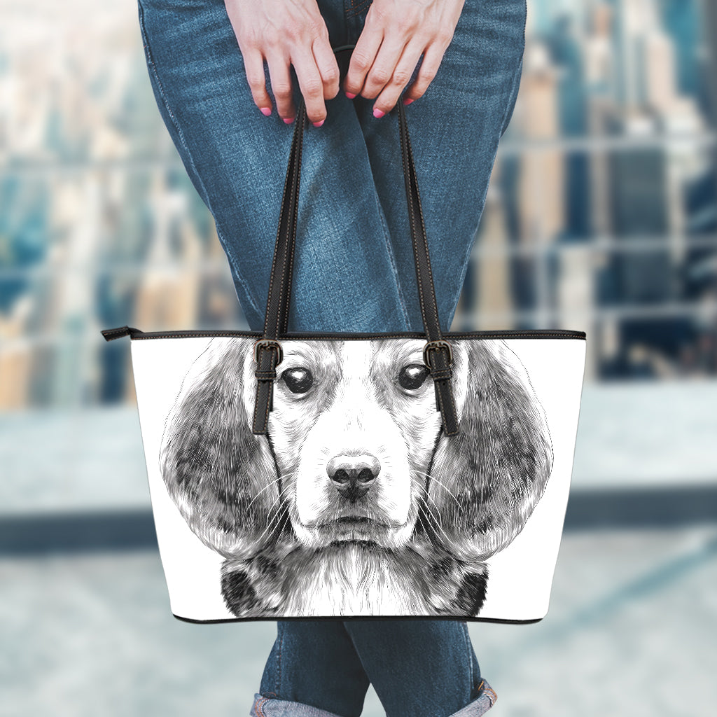 Black And White Drawing Beagle Print Leather Tote Bag