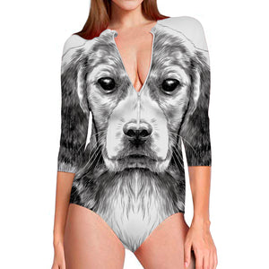 Black And White Drawing Beagle Print Long Sleeve Swimsuit