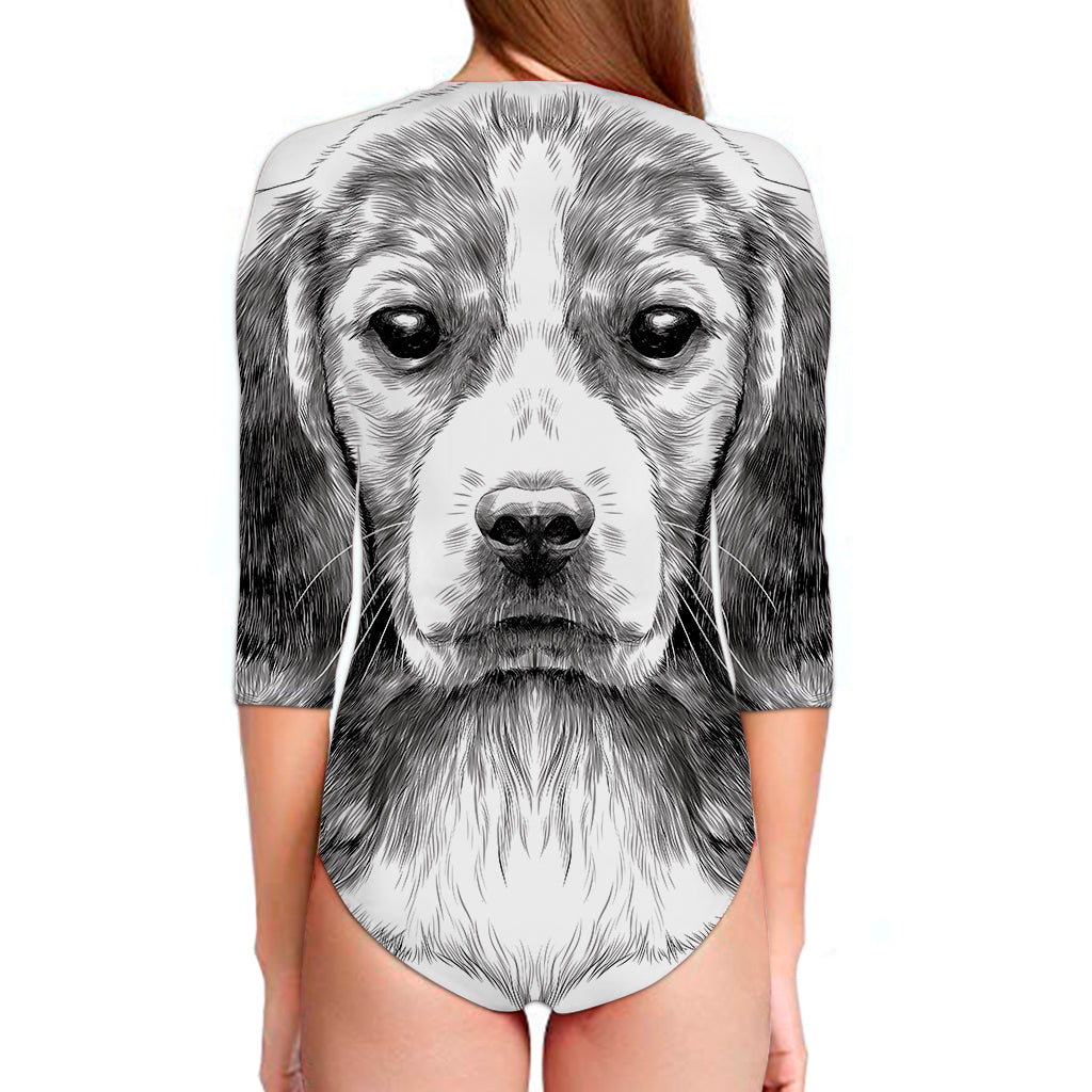 Black And White Drawing Beagle Print Long Sleeve Swimsuit