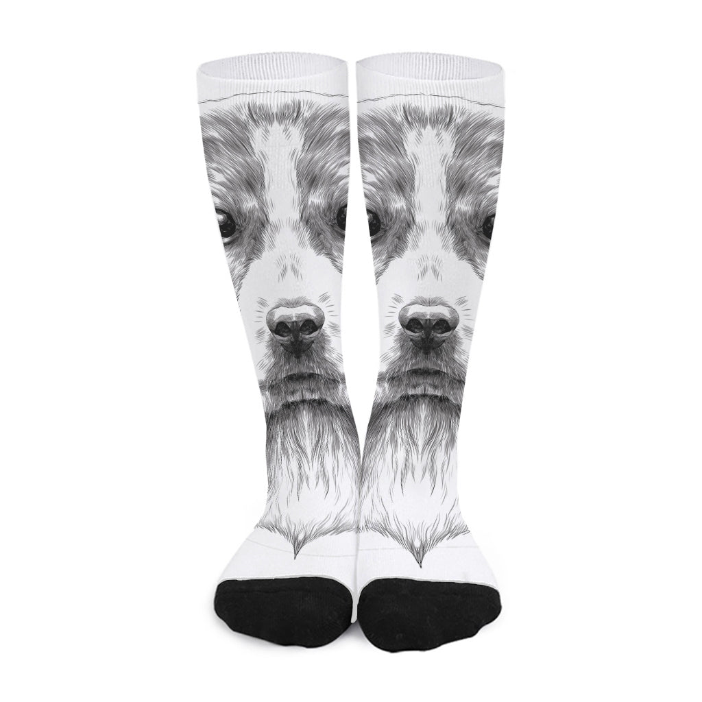 Black And White Drawing Beagle Print Long Socks