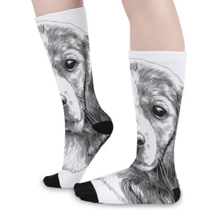 Black And White Drawing Beagle Print Long Socks