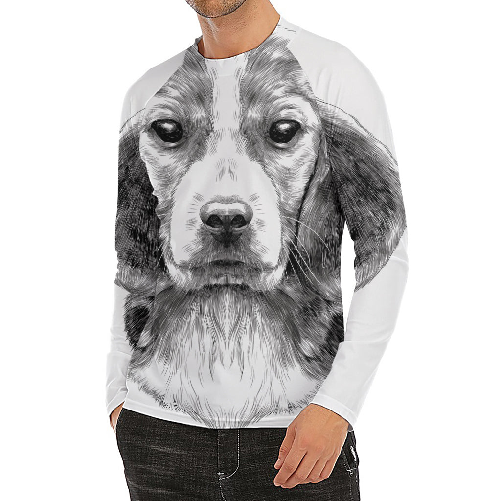 Black And White Drawing Beagle Print Men's Long Sleeve Rash Guard