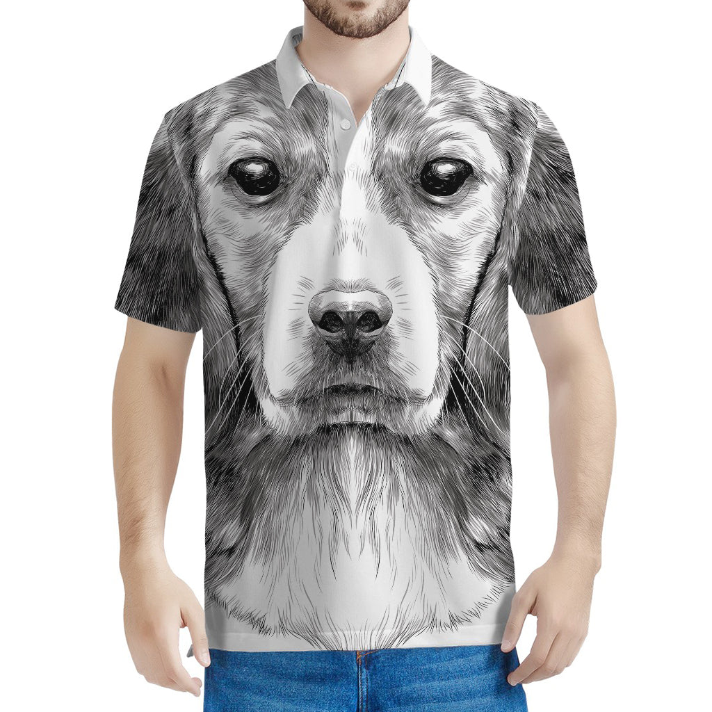 Black And White Drawing Beagle Print Men's Polo Shirt