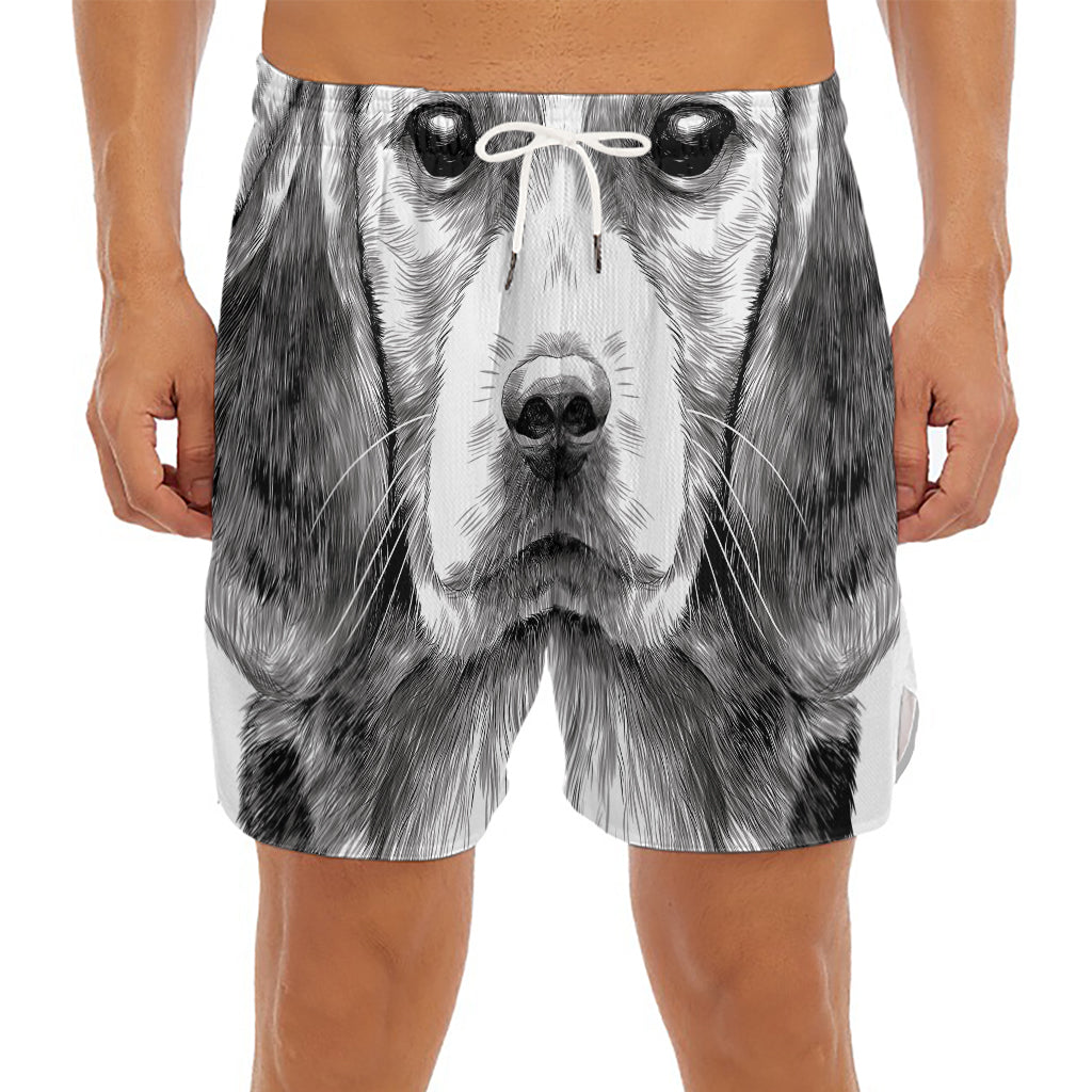 Black And White Drawing Beagle Print Men's Split Running Shorts