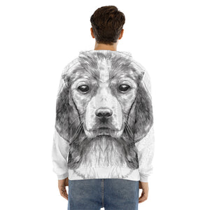 Black And White Drawing Beagle Print Men's Velvet Pullover Hoodie