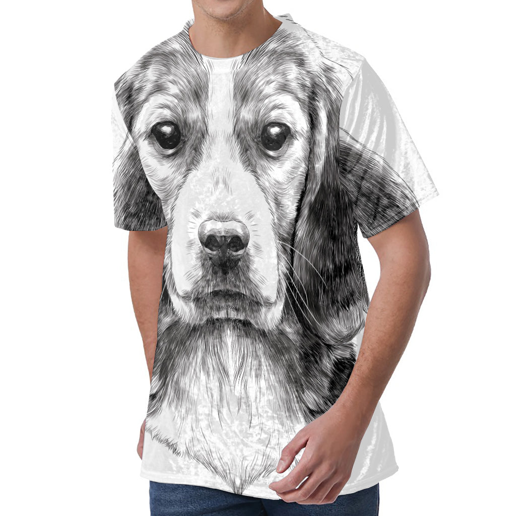 Black And White Drawing Beagle Print Men's Velvet T-Shirt