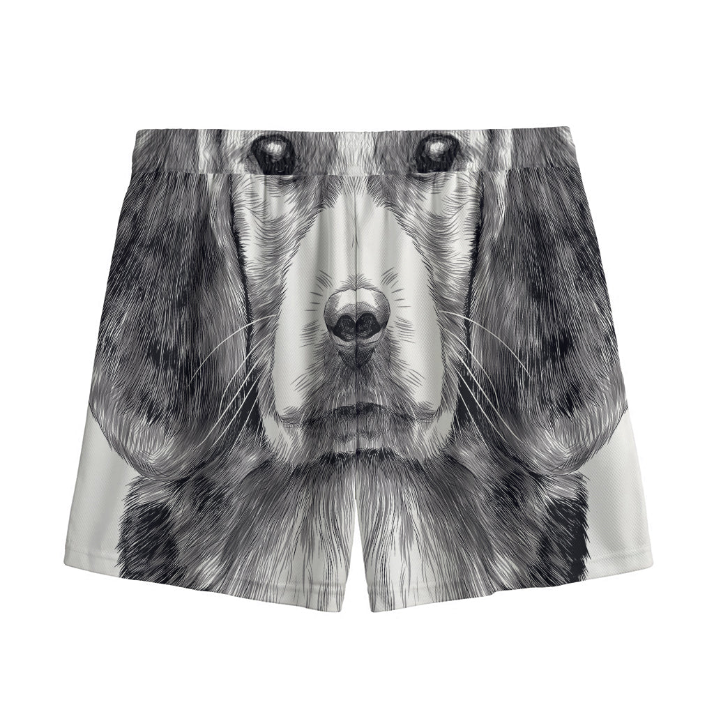 Black And White Drawing Beagle Print Mesh Shorts