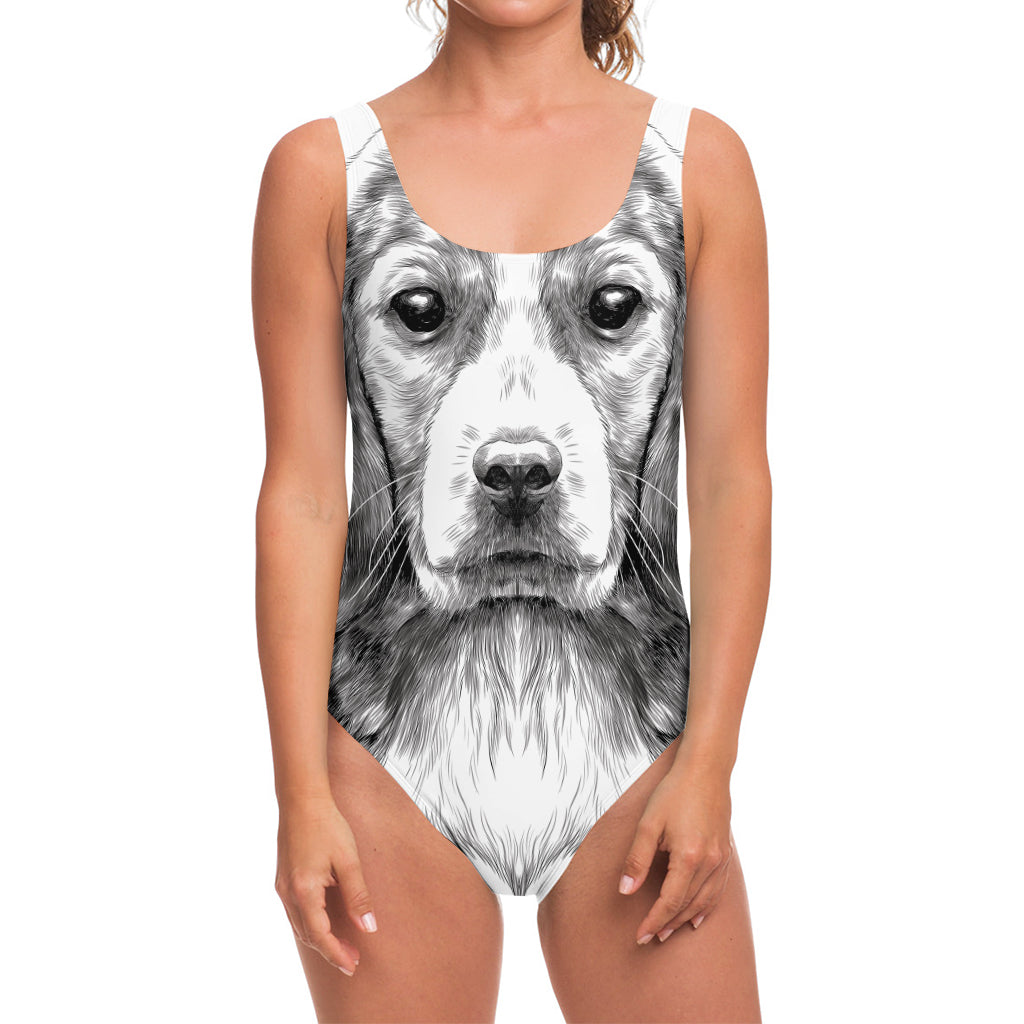 Black And White Drawing Beagle Print One Piece Swimsuit