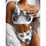 Black And White Drawing Beagle Print One Shoulder Bikini Top