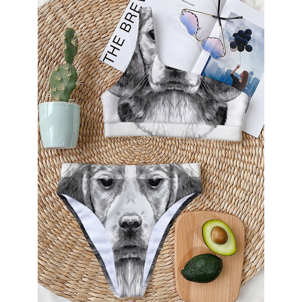 Black And White Drawing Beagle Print One Shoulder Bikini Top