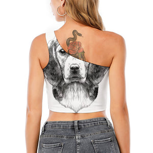 Black And White Drawing Beagle Print One Shoulder Crop Top