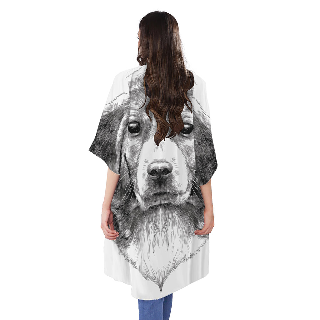 Black And White Drawing Beagle Print Open Front Beach Cover Up